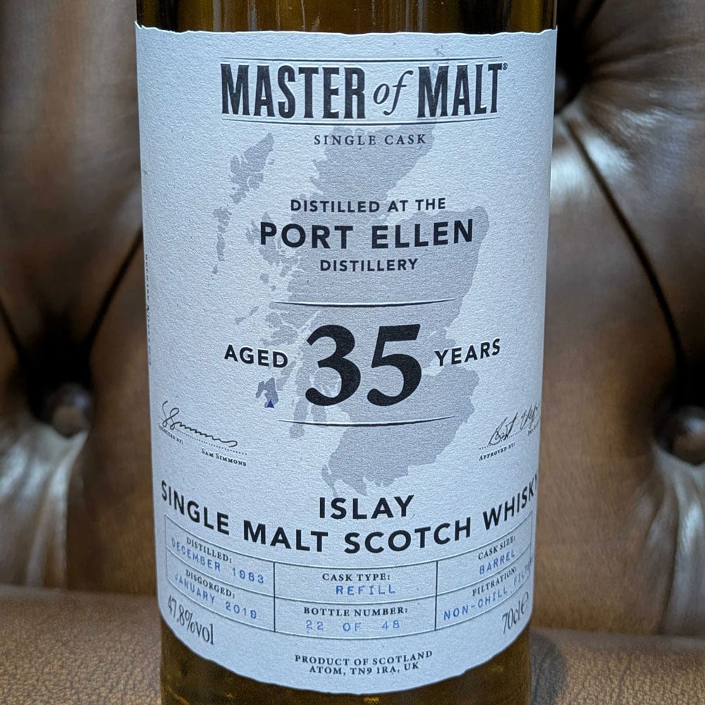 close up of Master of Malt's Port Ellen 35 Year Old 1983 Single Casks whisky bottle