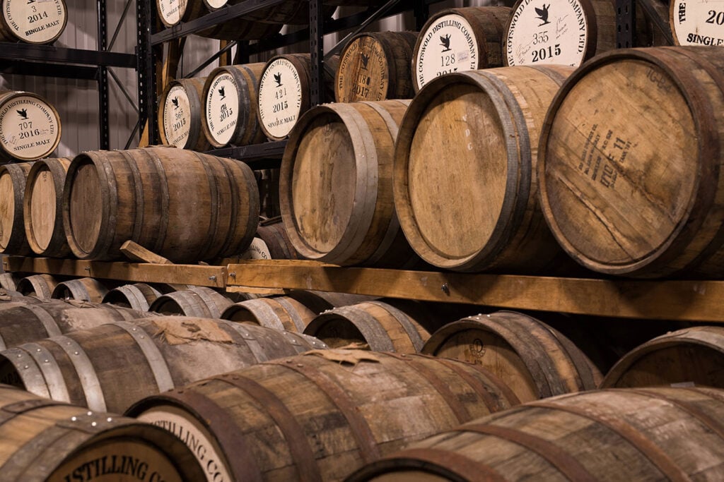 Barrels ageing at The Cotswolds Distillery