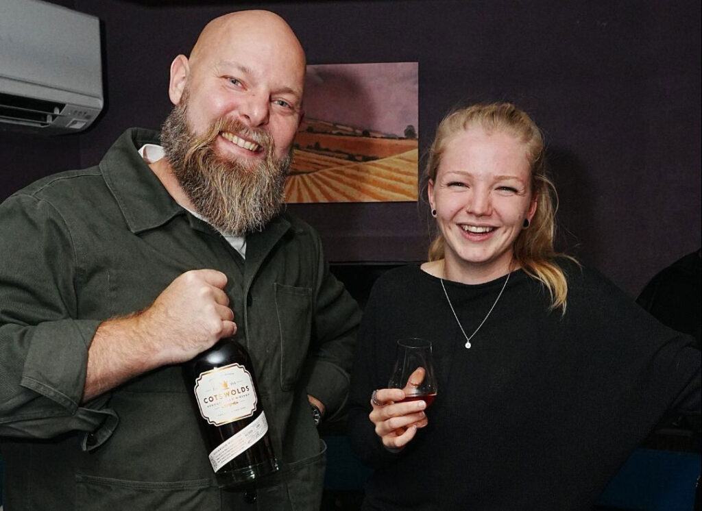 The Cotswolds Distillery senior figures Rob Patchett and Alice Pearson celebrate a new whisky release