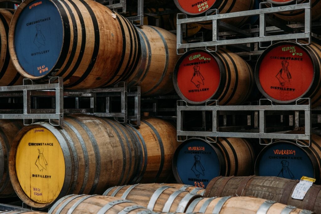 Casks maturing at Circumstance Distillery