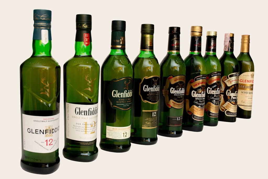 Glenfiddich's bottles across the generations demonstrating the updates in packaging