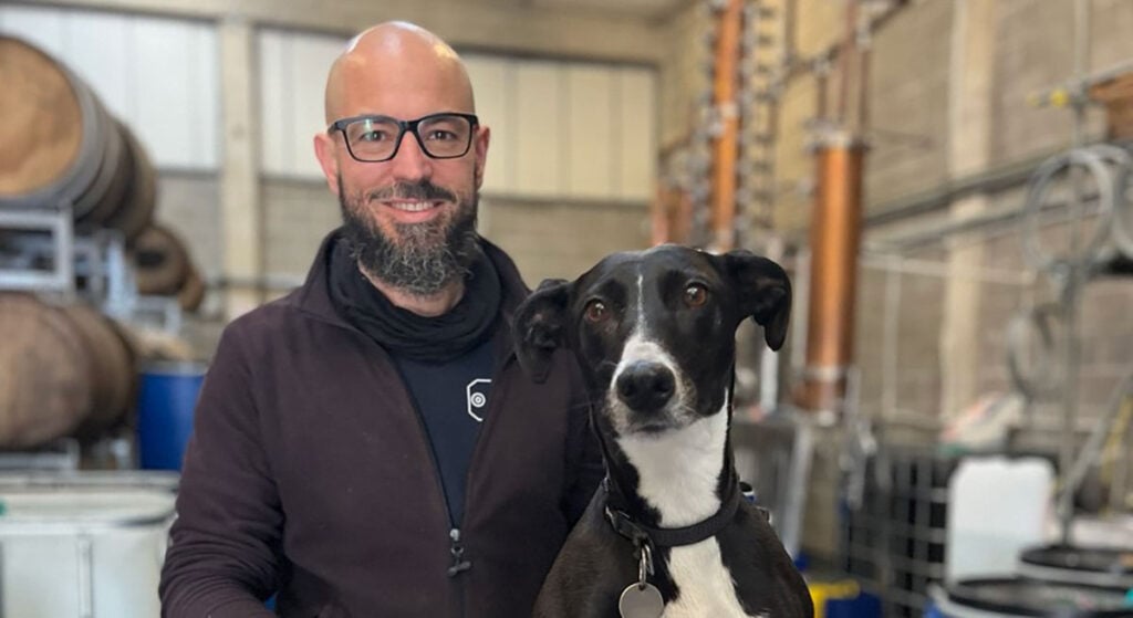 Liam Hirt and Cirumstance Distillery dog Dizzy