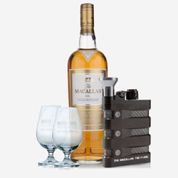 The Macallan Gold, two tasting glasses and The Macallan The Flask
